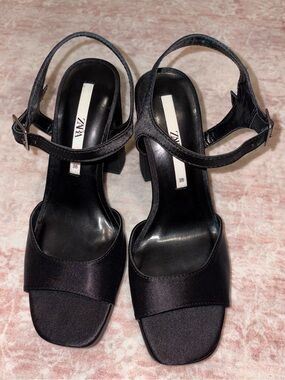 Zara Black Satin Block Heel Sandals with Ankle Strap